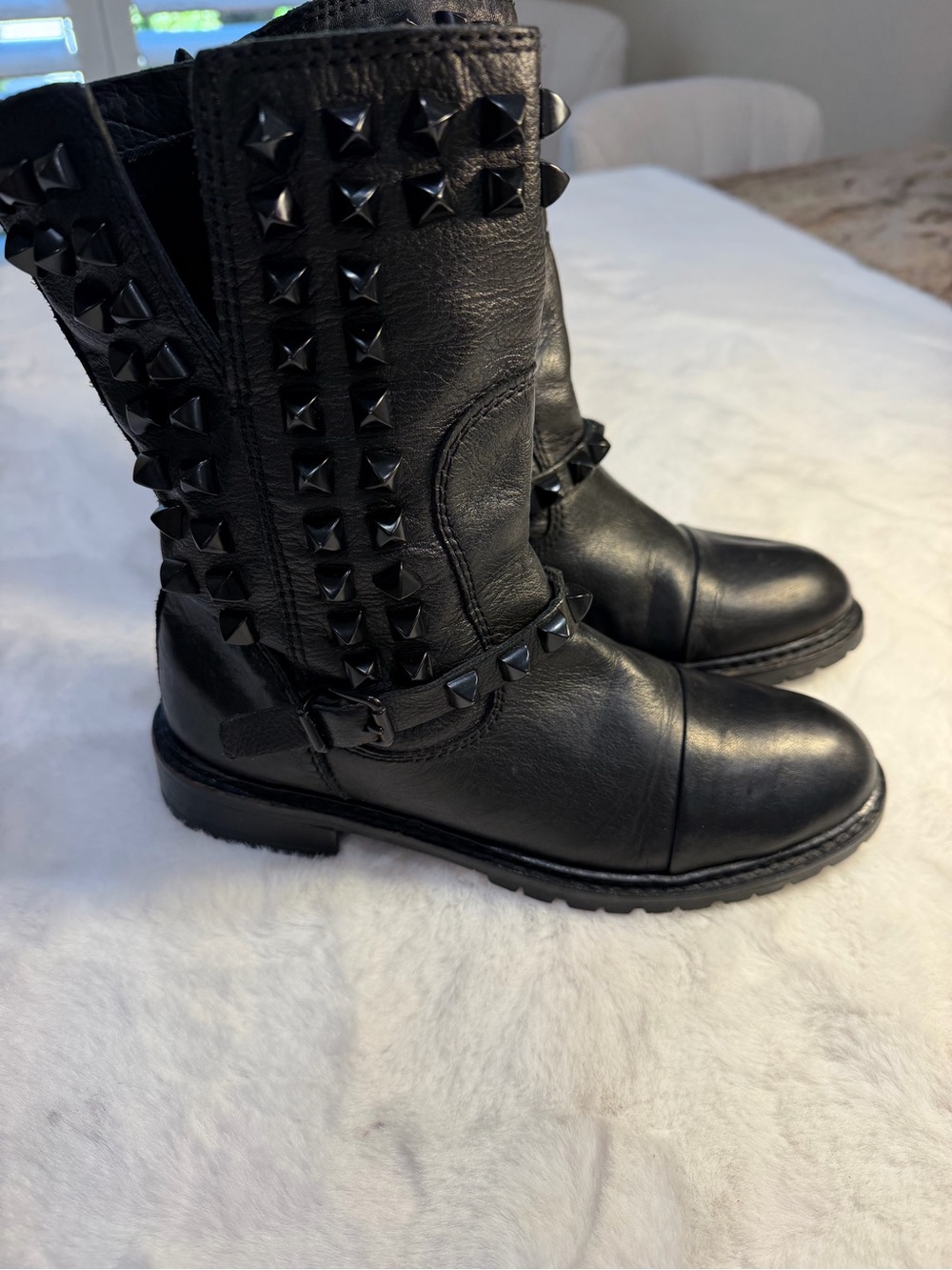 Zara Black Studded Leather Mid-Calf Boots - Women Size 6